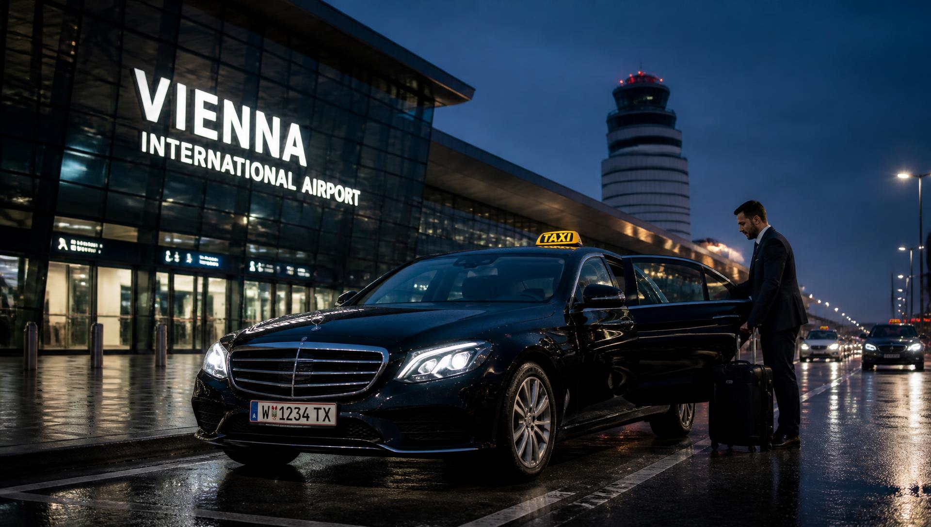 Flughafentaxi vor dem Terminal am Flughafen Wien
