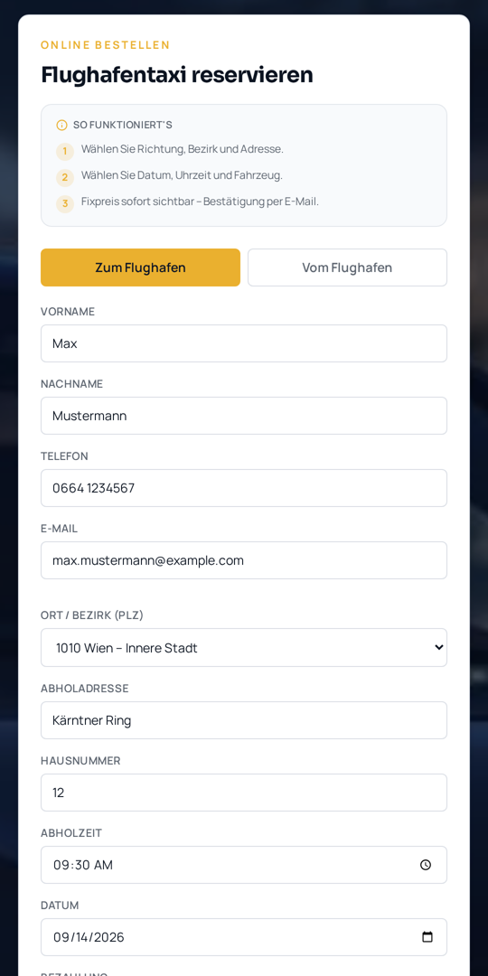 Airport Taxi Vienna Website als App auf einem Smartphone